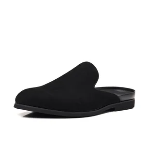 Élégantes mules pour hommes en cuir nubuck noir sans talon avec un design pratique à enfiler