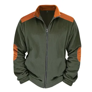 Detailed view of ribbed corduroy texture and contrast patchwork on men's jacket