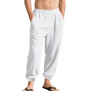 Men's loose white linen jogger pants with drawstring waist for summer casual wear