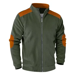 Detail view of men's ribbed velvet jacket featuring contrast elbow patches and stand collar.