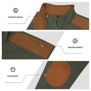 Close-up view of the neckline and contrast shoulder patches on a green ribbed jacket.