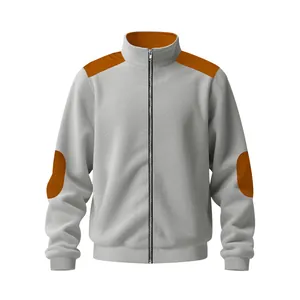 Full-front view of a casual grey stand-collar jacket with orange shoulder and elbow patches