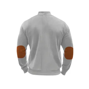 Back view of men's retro heavyweight cotton fleece jacket with brown elbow patches