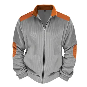 Men's retro heavy corduroy jacket with orange shoulder patches and stand collar