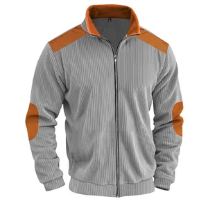 Grey ribbed knit zip-up jacket with orange shoulder patches and stand collar