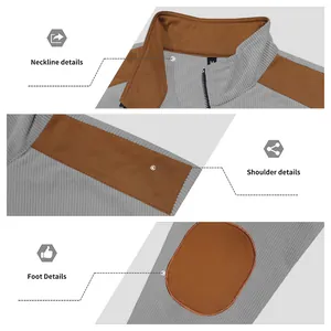 Detailed macro shots of retro stand collar and patchwork shoulder on men's jacket