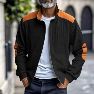 Men's stylish vintage ribbed jacket with contrast shoulder patches and stand collar zip.