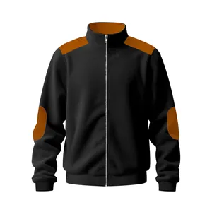 Front view of men's black fleece jacket with orange shoulder patches and metal zipper.