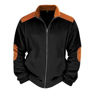 Front view of men's black corduroy jacket with orange shoulder and elbow patches