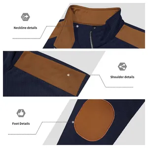 Close-up of navy ribbed fabric and brown patchwork on men's vintage zip-up jacket.