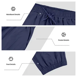 Close-up details of men's navy linen joggers showing waistband, pocket and cuff