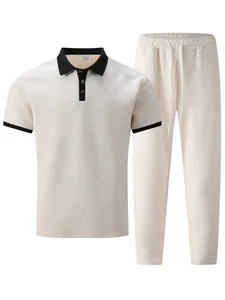 Detailed view of men's summer jacquard polo shirt and trousers casual set in beige