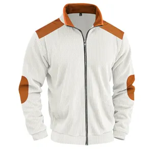 Close-up of white corduroy casual jacket with orange patchwork details and metal zipper