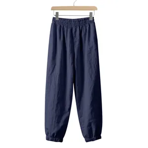 Dark blue loose linen jogger pants for men with elastic waist and cuffs
