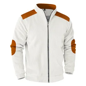 Detail showing the textured fabric and shoulder patchwork of the white casual jacket.