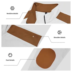 Close-up details of men's white corduroy jacket showing collar, shoulders, and patches.