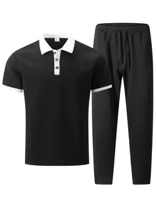 Men's black jacquard polo shirt and drawstring pants set with white contrast trim details