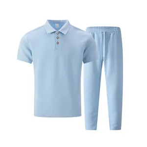 Premium light blue men's jacquard polo shirt and matching drawstring pants set detail view