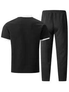 Men's casual jacquard knit set featuring a black short-sleeve polo and matching trousers