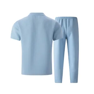 Detailed back view of men's light blue leisure set with textured jacquard knit pattern