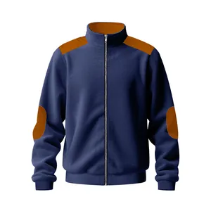 Men's retro patchwork fleece jacket with stand collar and zipper in navy blue finish