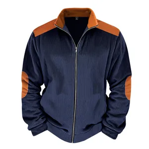 Heavyweight navy blue ribbed jacket for men featuring orange shoulder and elbow patches