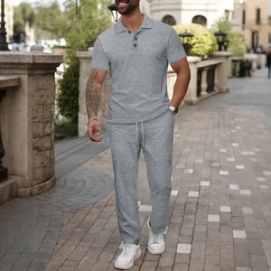 Men's stylish grey jacquard short sleeve polo shirt and matching long pants casual set