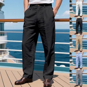Pantalon décontracté en lin pour hommes, coupe droite et large, plusieurs coloris.