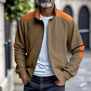 Detail view of retro men's stand collar jacket with ribbed texture and patches.