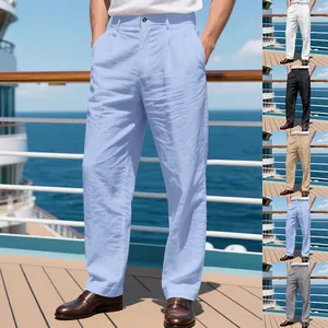 Pantalon en lin pour homme coupe droite décontractée en bleu clair et divers coloris
