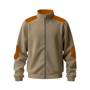 Close-up of retro khaki fleece jacket featuring orange shoulder and elbow patches.