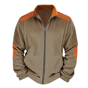 Detailed front view of men's vintage heavy corduroy jacket with contrast shoulder patches