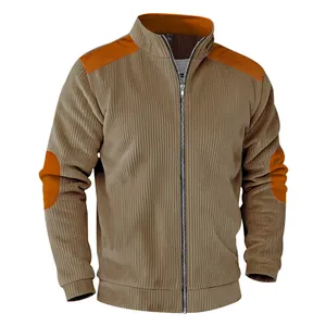 Detail of a men's retro corduroy jacket with orange shoulder and elbow patches