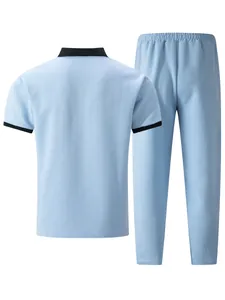 Back view of light blue men's jacquard polo shirt and trousers casual sports set