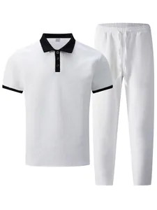 Detailed view of men's white jacquard polo shirt and matching casual long pants set