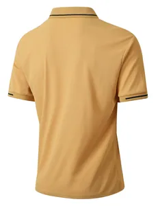 Back view of men's mustard yellow short-sleeved polo shirt with jacquard texture