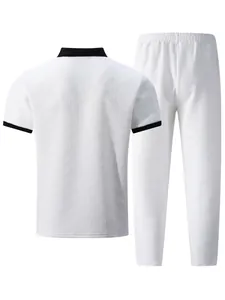 Men's 2-piece polo shirt and pants set with white jacquard texture and black trim detail.