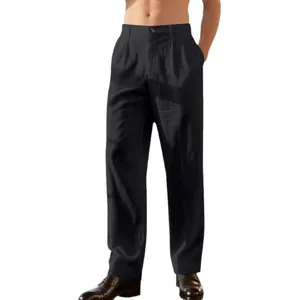 Pantalon en lin noir pour homme, coupe droite décontractée pour le bureau ou loisirs.