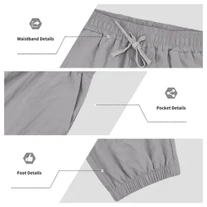 Close-up details of men's loose linen jogger pants showing waistband, pocket, and cuff.