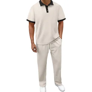 Men's summer casual two-piece set featuring jacquard polo shirt and matching pants