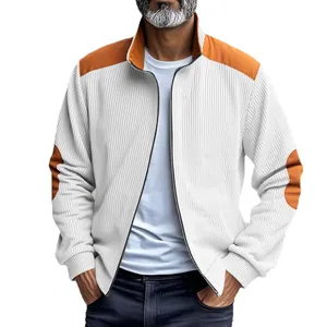 Classic men's white corduroy zip-up jacket featuring retro orange color block patches