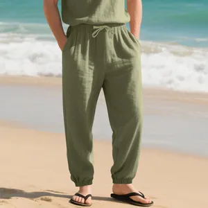 Men's olive green linen casual jogger pants with adjustable drawstring waist and cuffs.
