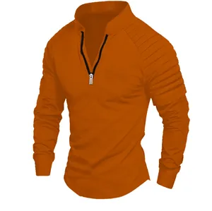 T-shirt de sport orange rouille pour homme avec col zippé et manches plissées