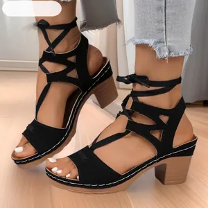 Sandali da Donna Estivi Peep Toe Allacciati con Zeppa Tacco Largo in Pelle di Vacchetta Grandi Dimensioni Stile Romano