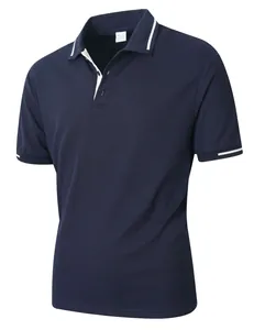 Detailed view of navy blue jacquard men's short-sleeved polo shirt with white trim