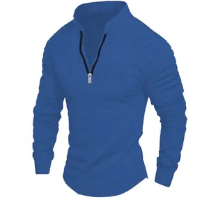 T-shirt bleu roi à manches longues pour hommes avec col zippé et épaules plissées