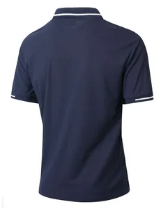 Detailed back view of a men's navy blue short-sleeved polo shirt with white stripes
