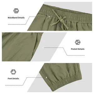 Detail views of olive green men's linen joggers showing waistband, pocket, and cuff.