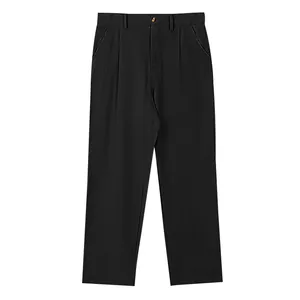 Pantalon en lin noir pour homme avec coupe droite et élégante taille plissée classique