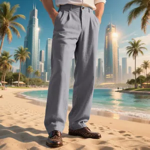 Pantalon en lin gris pour homme coupe décontractée dans un décor de ville côtière